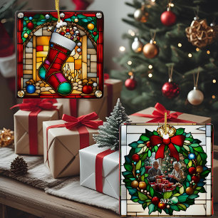 Red Stocking Faux Stained Glass Ceramic Ornament