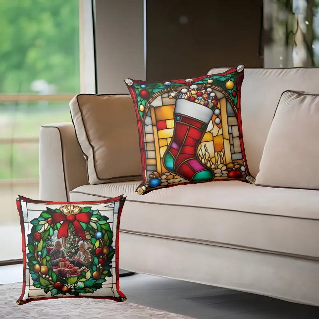  Red Stocking Faux Stained Glass  Throw Pillow (Creator Uploaded)
