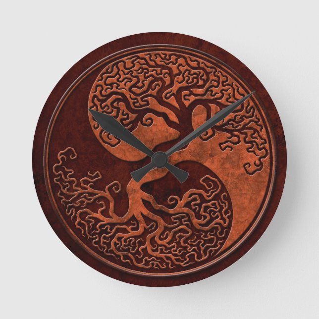 Red Stone Yin Yang Tree Round Clock (Front)