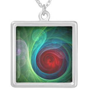 Red Storm Floral Modern Abstract Art Color Pattern Silver Plated Necklace