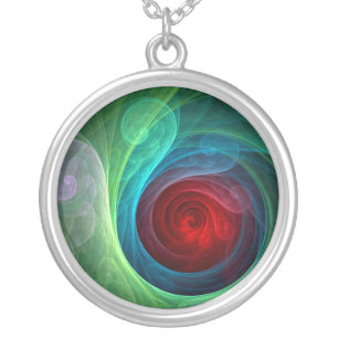 Red Storm Floral Modern Abstract Art Color Pattern Silver Plated Necklace