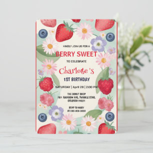 Red strawberries 1st Birthday Party for kids Invitation