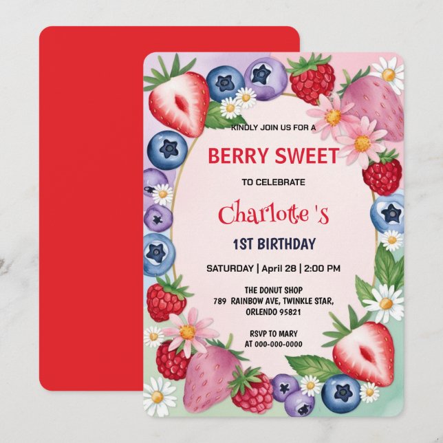 Red strawberries 1st Birthday Party for kids Invitation (Front/Back)