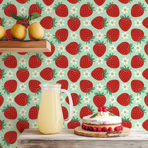 Red Strawberries And Blooms On Mint Green Wallpaper