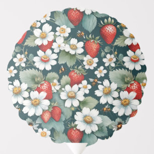 Red Strawberries And Busy Bees With White Flowers Balloon