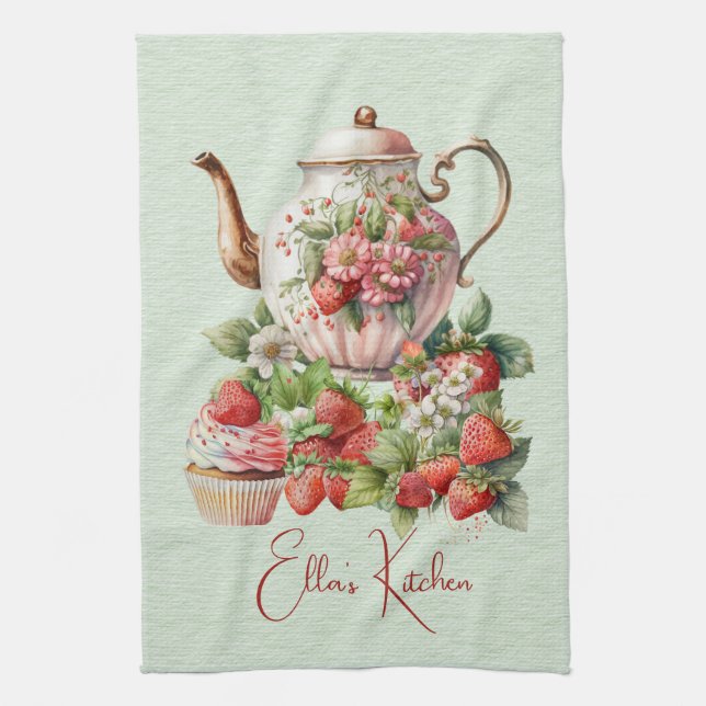 Red Strawberries and Desserts Tea Time Kitchen Towel (Vertical)