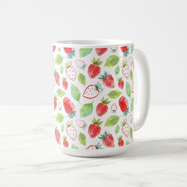 Red Strawberries and Green Leaves Coffee Mug (Front Right)