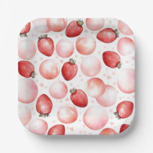Red Strawberries and Pink Balloons Elegant Cute Paper Plates