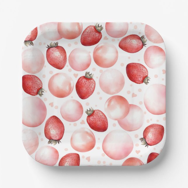 Red Strawberries and Pink Balloons Elegant Cute Paper Plates (Front)