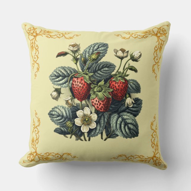 Red Strawberries and White Floral Greenery Pattern Throw Pillow (Front)