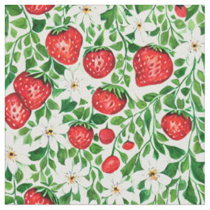 Red Strawberries and White Flowers Fabric