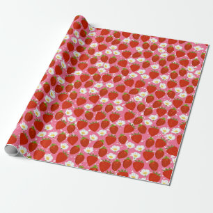 Red Strawberries and White Flowers Pink & White Wrapping Paper