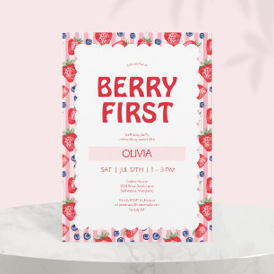 Red Strawberries Berry First 1st Birthday Party Invitation