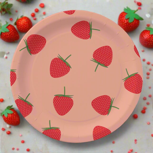 Red Strawberries Berry sweet Baby Shower Birthday Paper Plates (Creator Uploaded)