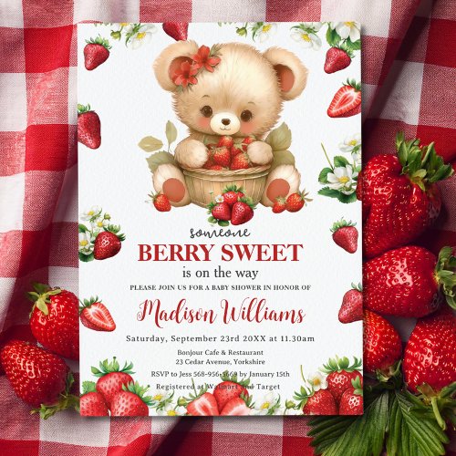 Red Strawberries Berry Sweet Bear Baby Shower   Invitation