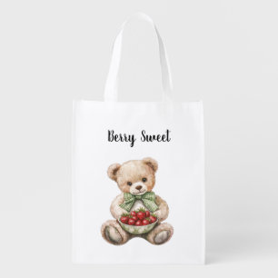 Red Strawberries Berry Sweet Green Bow Teddy Bear Grocery Bag