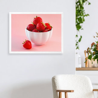 Red Strawberries In White Bowl On Pink Photo Poster