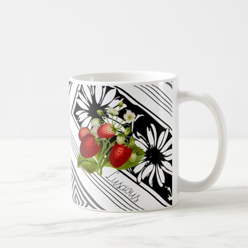 Red Strawberries on Black  White Graphic Design Coffee Mug