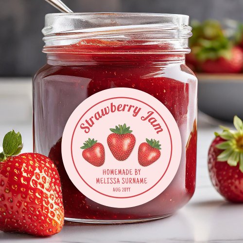 Red Strawberries On Pink Homemade Strawberry Jam Classic Round Sticker