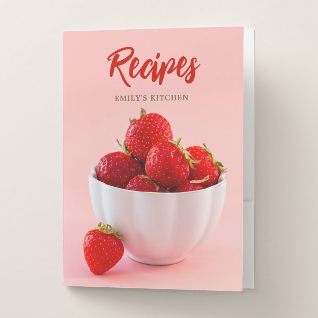 Red Strawberries On Pink Photo Custom Name Recipes Pocket Folder (Front)