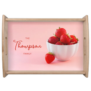 Red Strawberries On Pink Photo With Custom Name Serving Tray