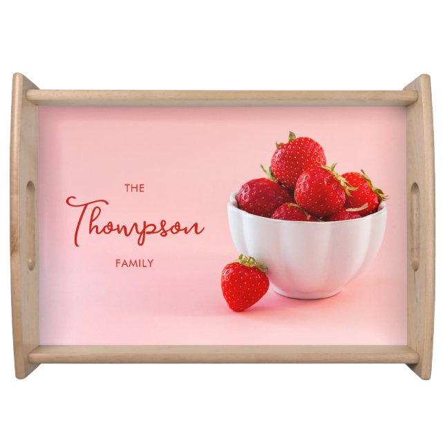 Red Strawberries On Pink Photo With Custom Name Serving Tray (Front)