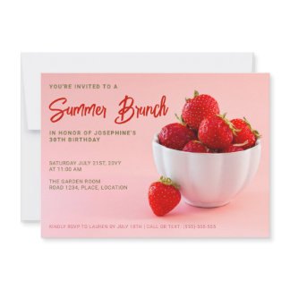 Red Strawberries On Pink Summer Brunch Birthday Invitation