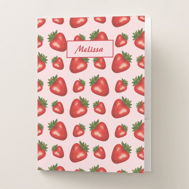 Red Strawberries On Pink With Custom Name Pocket Folder (Front)