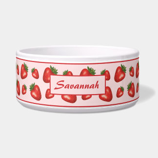 Red Strawberries On Pink With Custom Pet Name Bowl