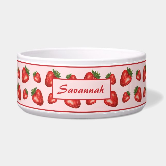 Red Strawberries On Pink With Custom Pet Name Bowl (Front)