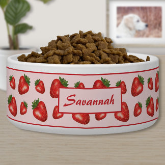 Red Strawberries On Pink With Custom Pet Name Bowl