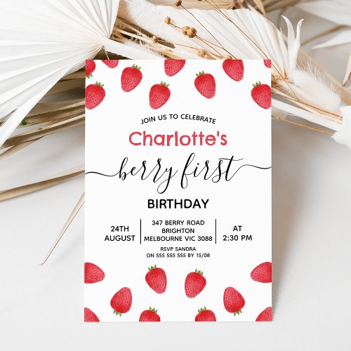 Red Strawberries Pattern Berry First Birthday Invitation