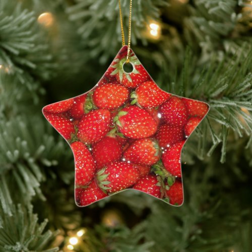 Red strawberries photo image star shape Christmas Ceramic Ornament