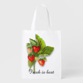 Red Strawberries, VIntage Botanical, Fresh is Best Grocery Bag