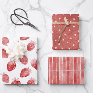 Red Strawberries White Dots Stripes Birthday Wrapping Paper Sheets