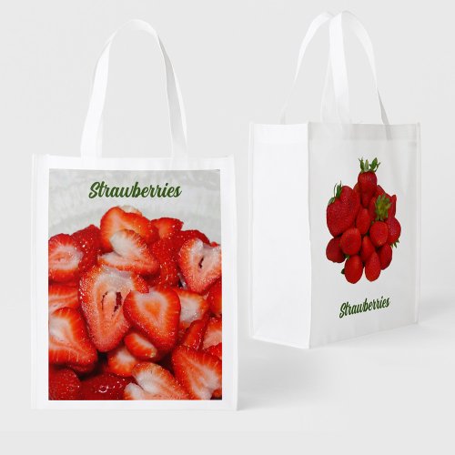 Red Strawberries Whole and Sliced Photographic Grocery Bag