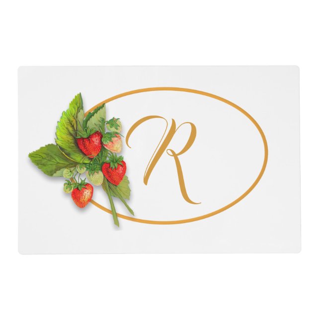 Red Strawberries with Gold Monogram Paper Placemat (Front)
