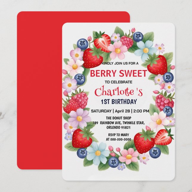 RED Strawberry 1st Birthday Party for kids Invitation (Front/Back)