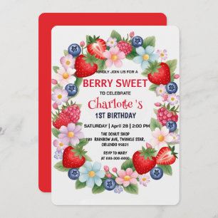 RED Strawberry 1st Birthday Party for kids Invitation