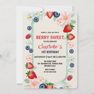 RED Strawberry 1st Birthday Party  Invitation