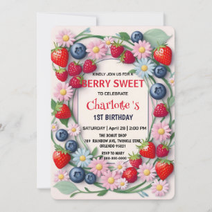 RED Strawberry 1st Birthday Party Invitation