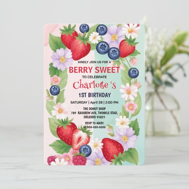 RED Strawberry 1st Birthday Party  Invitation (Standing Front)