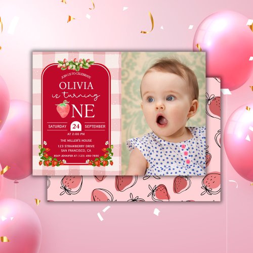 Red Strawberry 1st Birthday Photo Girl Party Invitation