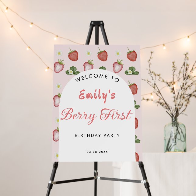 Red Strawberry 1st Girl Birthday Party Welcome Foam Board (In Situ (Stand))