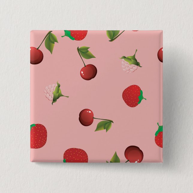 Red Strawberry and Cherry Pattern Pink Fruit Button (Front)