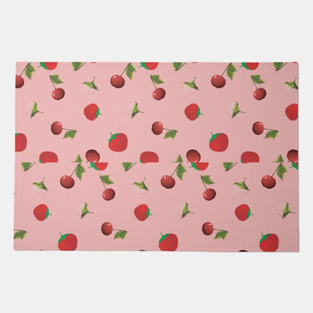 Red Strawberry and Cherry Pattern Pink Fruit Doormat (Front)
