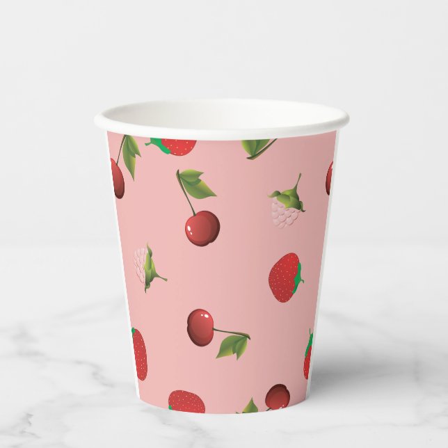 Red Strawberry and Cherry Pattern Pink Fruit Paper Cups (Front)