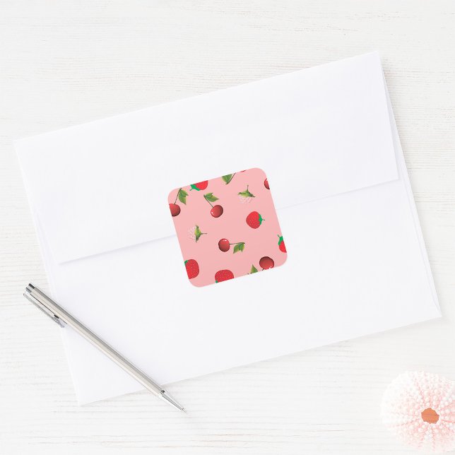 Red Strawberry and Cherry Pattern Pink Fruit Square Sticker (Creator Uploaded)