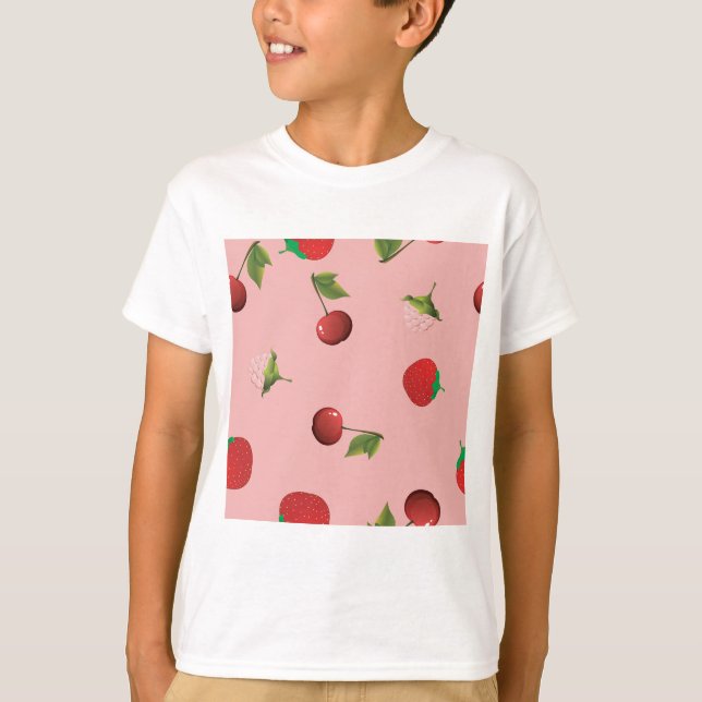 Red Strawberry and Cherry Pattern Pink Fruit T-Shirt (Front)