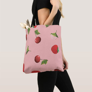 Red Strawberry and Cherry Pattern Pink Fruit Tote Bag